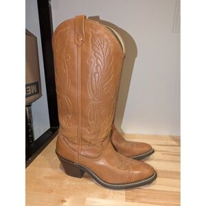 Vintage‎ Acme Western Cowboy Boots Womens 5.5M Tan Leather Embroidered Detail
